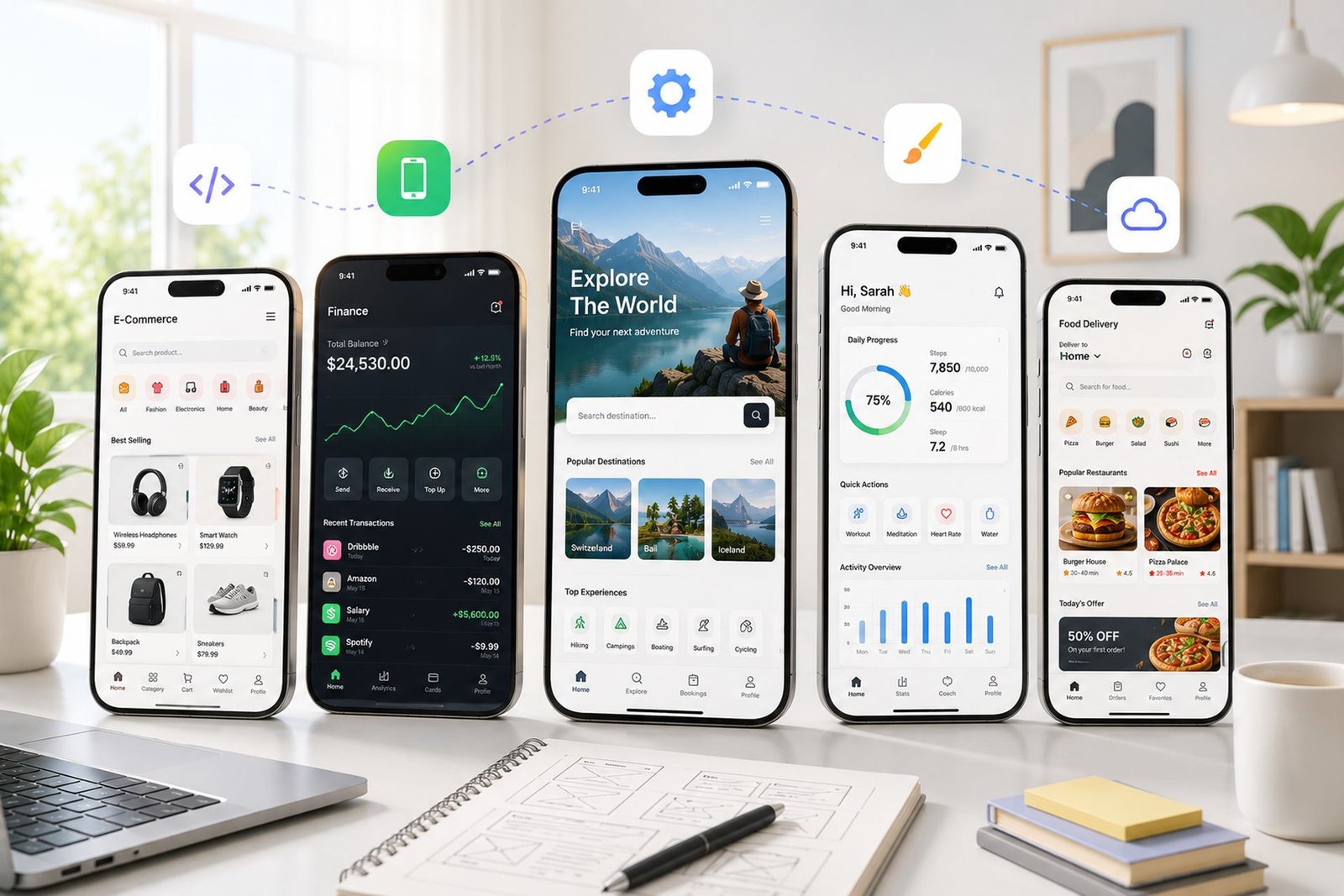 Multiple mobile apps shown side by side on smartphones