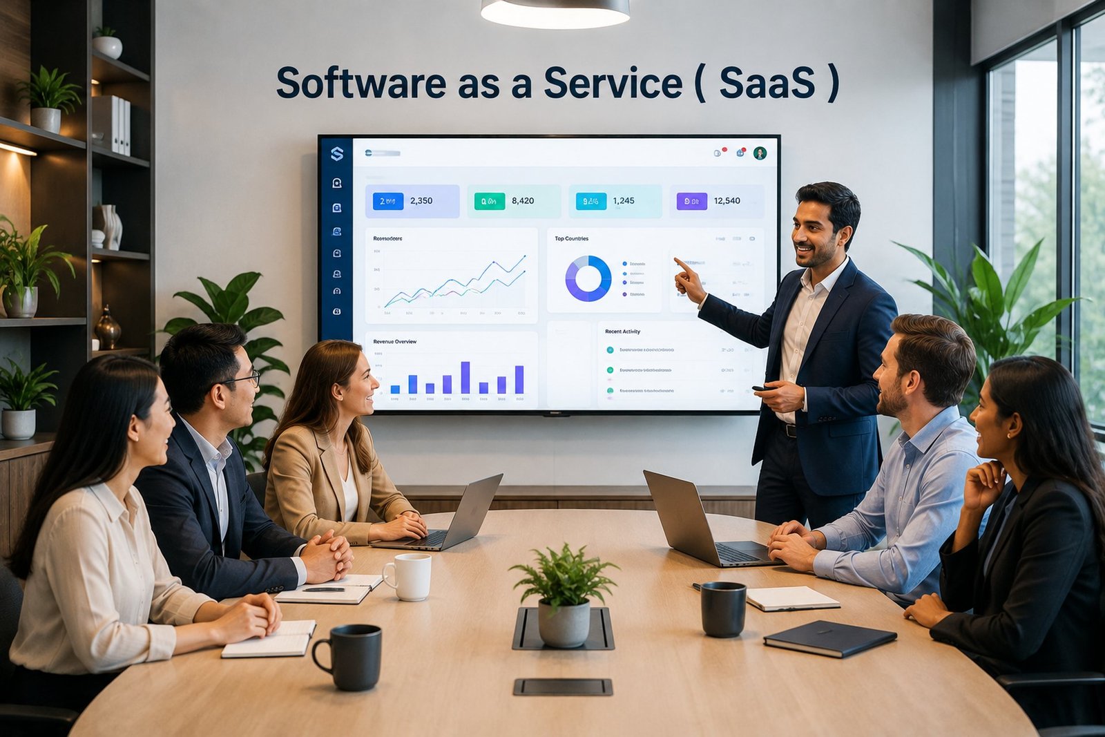 Team reviewing a generic SaaS platform with bundled features